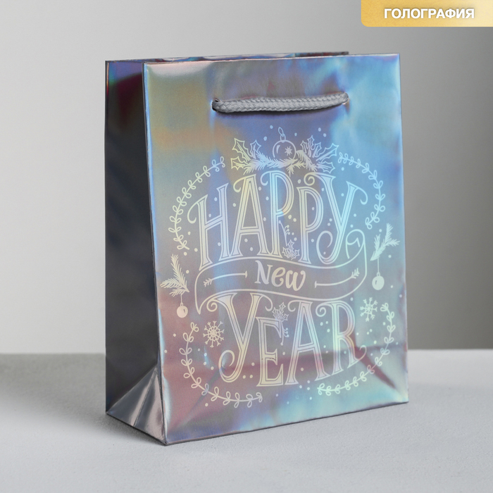 Bolsa vertical holográfica Feliz año nuevo, S 12 x 15 × 5,5 cm