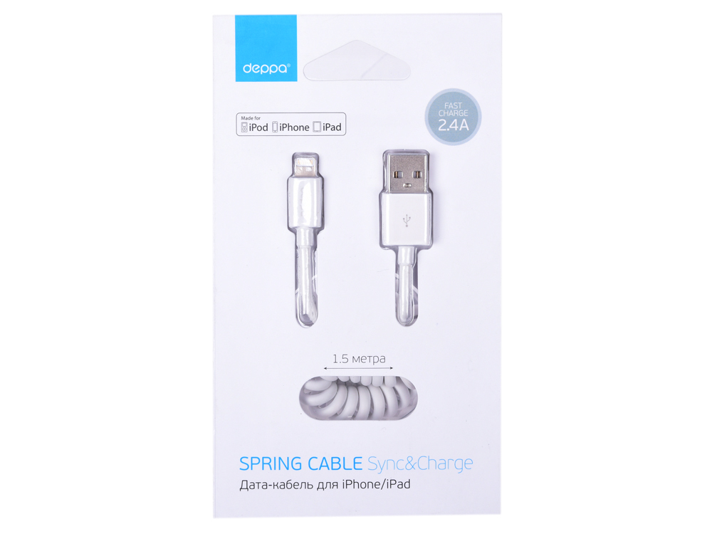 Deppa USB to 8-pin Lightning cable for Apple, coiled, MFI, 1.5 m., White
