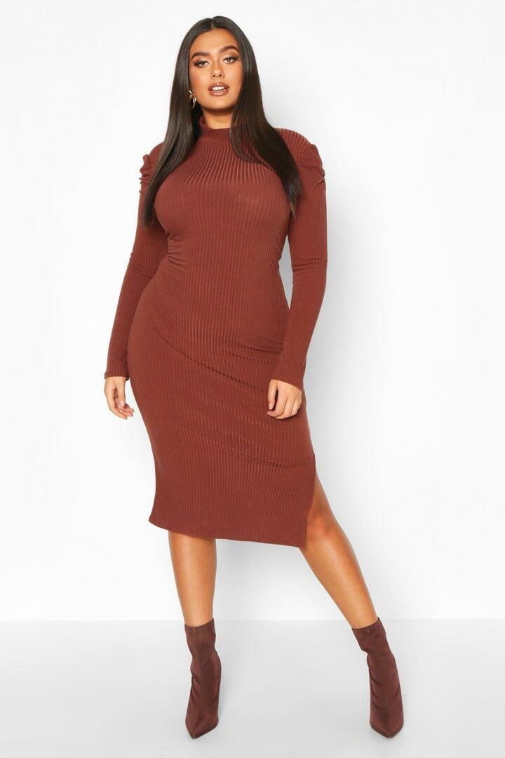 Plus Size Soft Ribbed Midi Dress with High Collar and Puff Sleeves