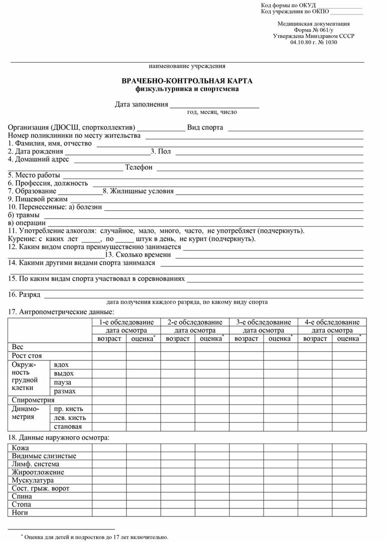 Medicinskt kontrollkort för en idrottsman och en idrottsman (blankett nr 061 / y)