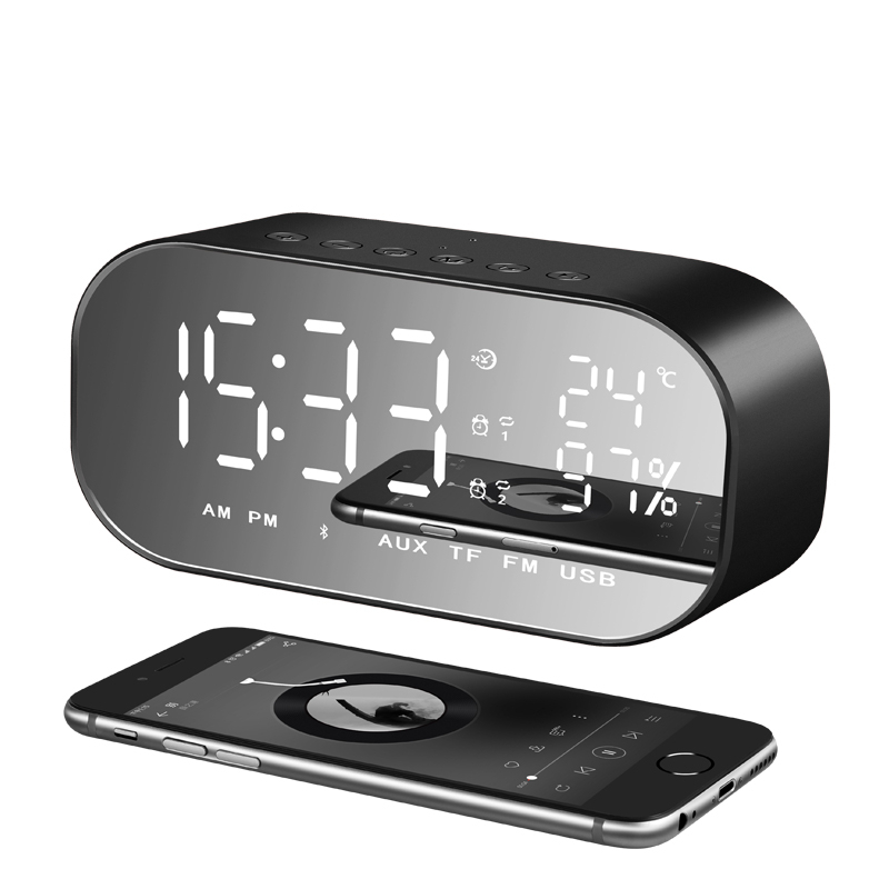 Dviejų vienetų belaidis „Bluetooth“ garsiakalbis LED ekranas Laikrodžio žadintuvo veidrodis FM radijas Sunkiųjų žemųjų dažnių garsiakalbis