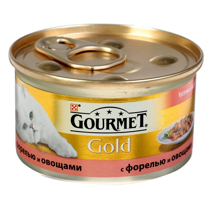 Mokré krmivo GOURMET GOLD pro kočky, kousky pstruha / zeleniny, plechovka 85 g