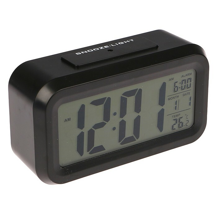 Elektronisk vækkeur, baggrundsbelysning, baht. 3AAA, dato, temperatur, sort, 4,5x8x14 cm