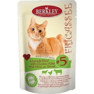 Berkley Fricasse pieaugušo kaķu ēdienkarte Jēra gaļa un liellopu gaļa, vistas fileja # un # garšaugi mērcē Nr. 5 ar jēru, liellopu gaļu un vistu mērcē kaķiem 85 g (75254)