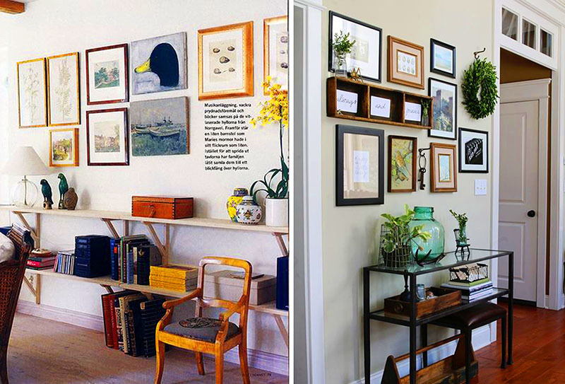Placera tavlorna över ett litet bord mot väggen - på så sätt kan du skapa inte bara ett vackert, men också ett funktionellt område i ditt lanthus