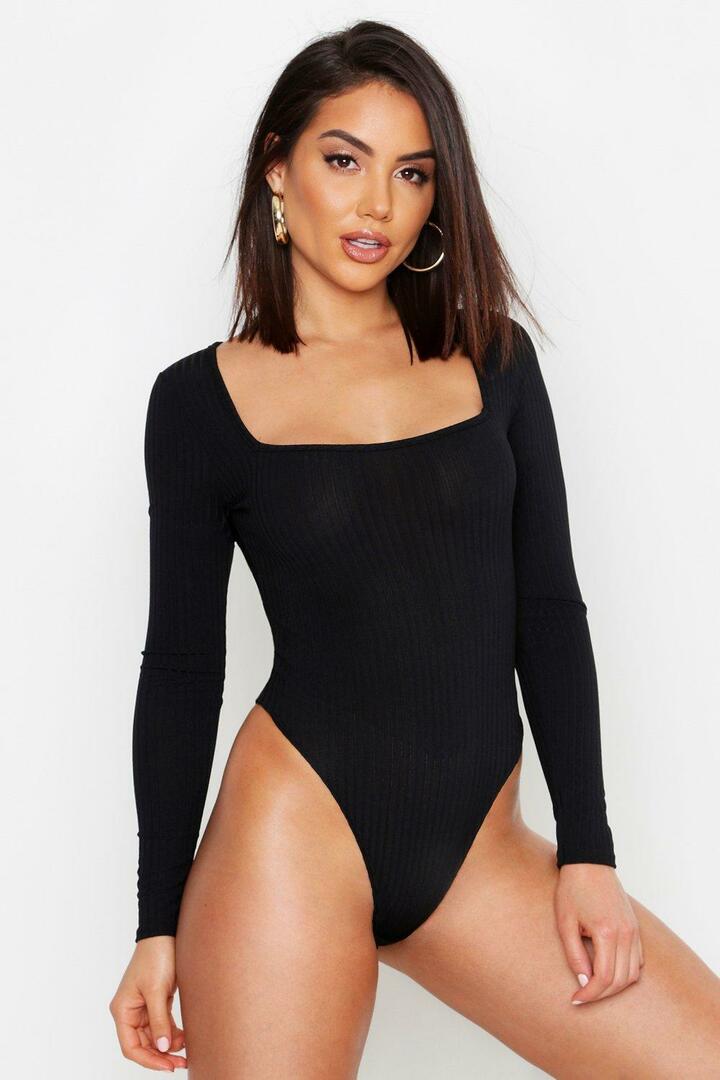Ribbed jersey bodysuit with square neck and long sleeves