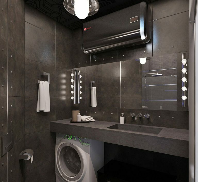 Aukštųjų technologijų vonios kambario dizainas su rudomis sienomis