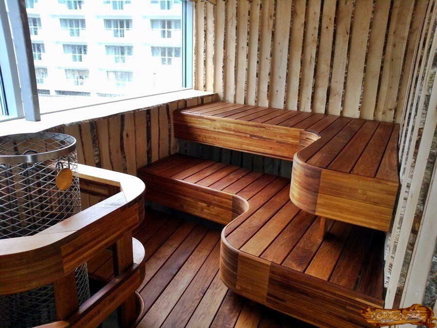 Wooden chambers in the balcony sauna
