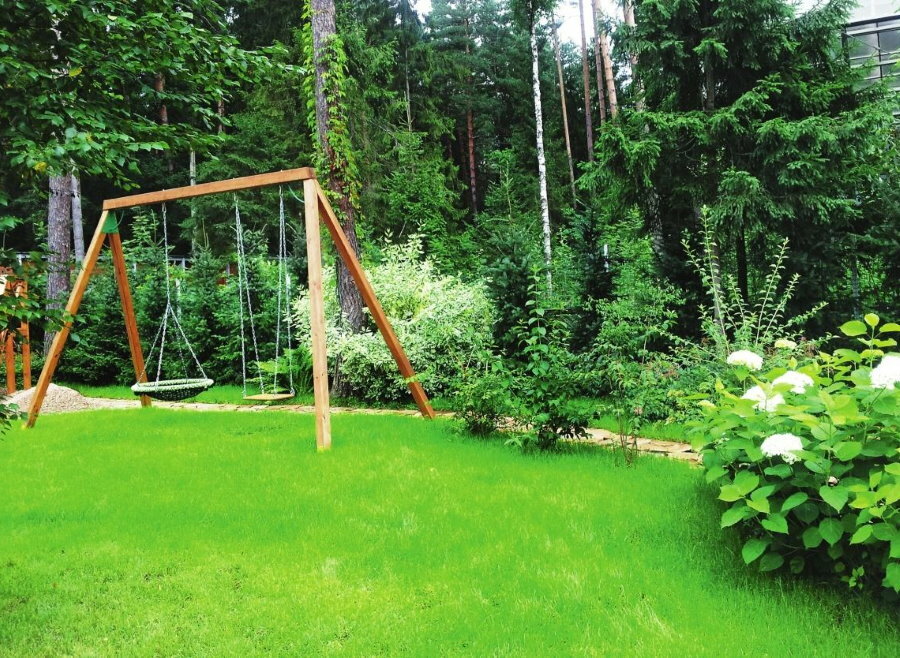 Drewniana huśtawka na trawniku sportowym