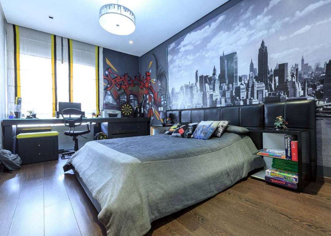 Fototapete mit einer Megapolis an der Schlafzimmerwand für einen Teenager