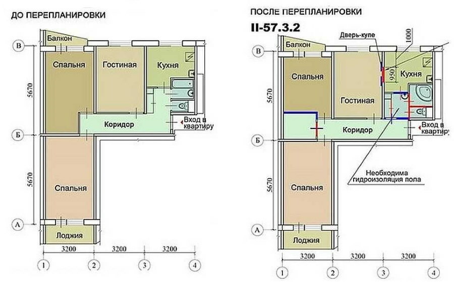 Schema di riqualificazione di un bagno in un Krusciov. di 3 stanze