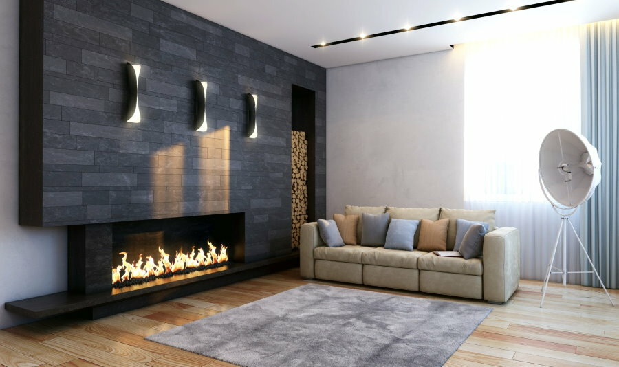 Stue interiør i kraft af minimalisme med et tæppe