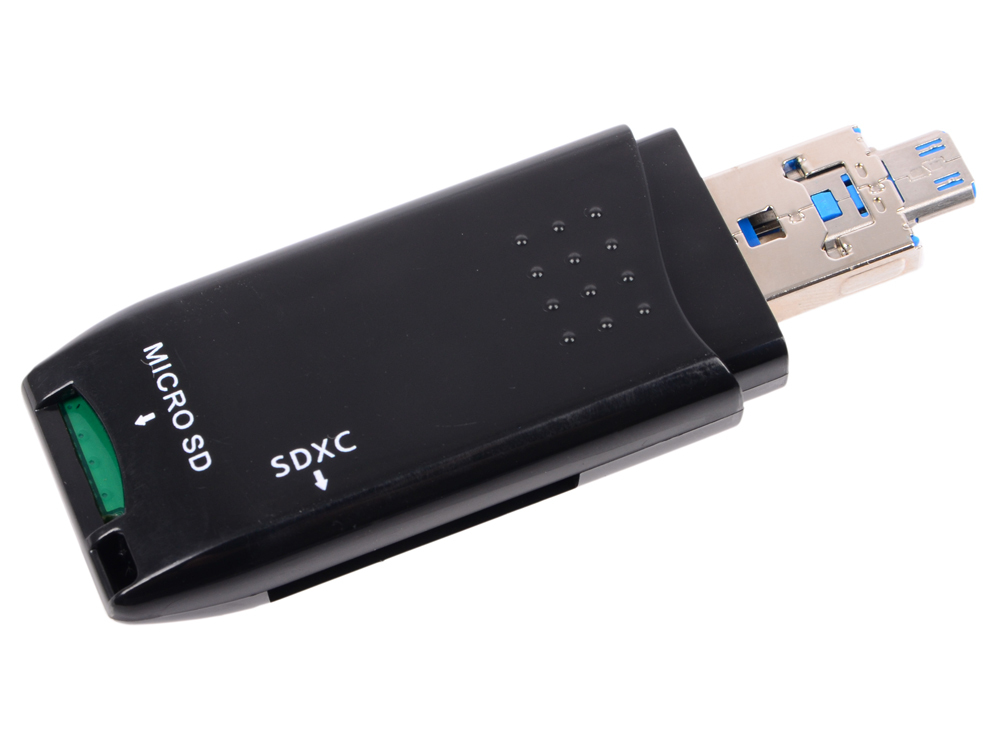 Leitor de cartão ORIENT CR-018B, USB 3.0, SDXC / SD 3.0 UHS-1 / SDHC / microSD / T-Flash, suporte OTG, porta microUSB retrátil, preto