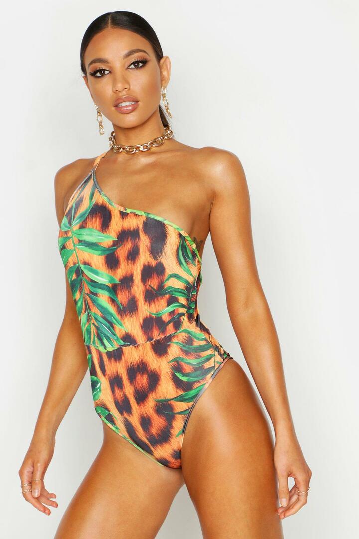 Off-shoulder bodysuit met tropische luipaardprint